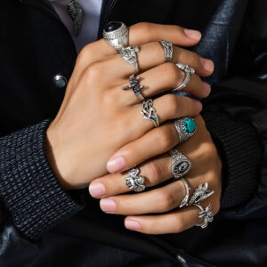 KunJoe 11pcs/set Punk Metal Geometric Irregular Animal Skeleton Rings for Men Vintage Blue Stone Rings Halloween Hiphop Jewelry