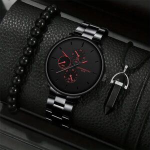 3Pcs Men’s Casual Simple Business Three-eye Digital Pointer Steel Band Quartz Watch Fashion Luxury Necklace Bracelet Set