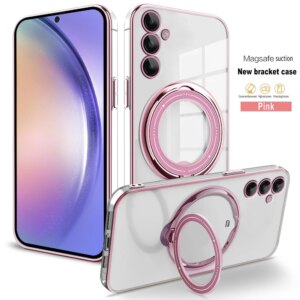 Plating Support Ring Magnetic Transparent Phone Case For Samsung Galaxy A55 A35 A25 A15 A05 S A54 A34 A24 A14 A53 A23 A52 4G 5G
