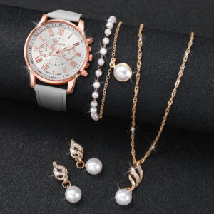 5PCS/Set Women’s Watch Fashion Roma Dial Leather Band Quartz Watches Pearls Jewelry Set(Without Box)