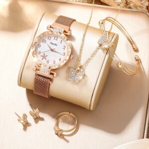 6 PCS New Women’s Fashion Digital Rhinestone Star Quartz Watch Luxury Atmosphere Butterfly Jewelry Bracelet Birthday Gift Set