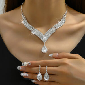 3pcs fashionable rhinestones, water droplets, necklaces, earrings, jewelry sets, women’s wedding accessories