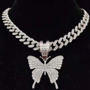 Men Women Hip Hop Iced Out Bling butterfly Pendant Necklace with 13mm Miami Cuban Chain HipHop Necklaces Fashion Charm Jewelry