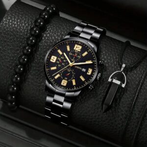 3Pcs Men’s Simple Business Three Eyes Digital Calendar Luminous Hands Quartz Dteel Band Watch Fashion Necklace Bracelet Set