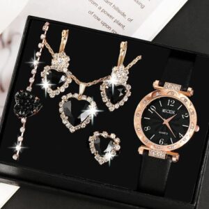 6pcs Women’s Quartz Watch Black Leather Quartz Watch and Love Jewelry Set Necklace Ring Earrings Bracelet Set