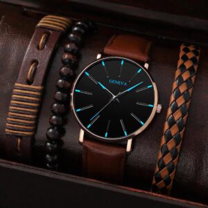4PCS Men’s Fashion Simple Blue Needle Dial Pointer Quartz Belt Watch Luxury Leather Leather Wood Bead Bracelet Ramadan Gift Set