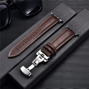 Leather Watchbands for Apple Watch 8 7 6 5 4 3 SE Butterfly Clasp Replace Wrist Strap 38/40/41mm 42/44/45mm Band for iwatch