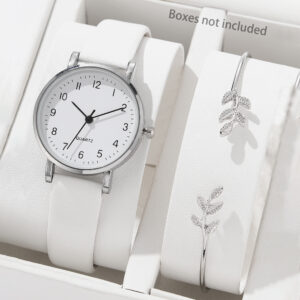 Simple Women’s Watches 2Pcs Set White Dial Leather Strap Quartz Wristwatches Bracelet Set Casual Ladies Watches Clock Gift