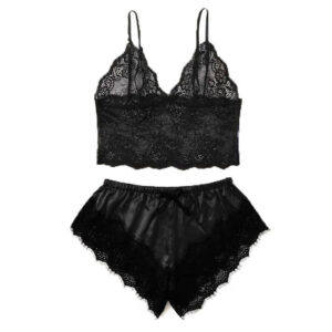Black Sexy Women’s Pajamas Satin 4-piece Lace Silk Suspender Tops Shorts Robe Pajamas Set Nightgown Underwear Nightdress Suit