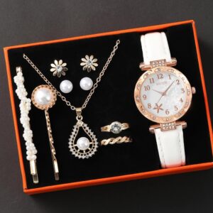 10pcs Women’s Watch Set Fashion Casual Round WOMEN’S Quartz Watch Fashion Hairpin Earrings Necklace Ring Watch Set