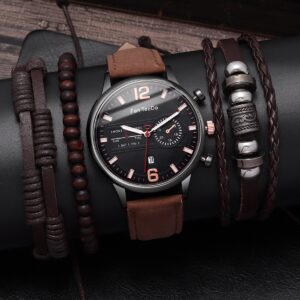 4pcs Fashion Business Calendar Men’s Belt Quartz Watch with PU Woven Bracelet Set