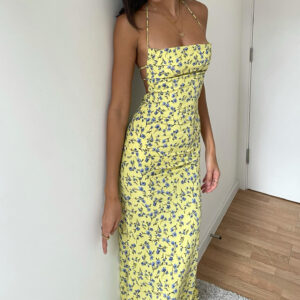 Dulzura Lace Up Halter Floral Long Dress For Women Backless Bodycon Midi Dress Sexy Party Club Outfit Streetwear Sundress Summer