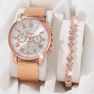2 Luxurious And Fashionable Women’s Watch Sets Rose Gold PU Leather Strap Women’s Quartz Watch Alloy Bracelet Women’s Gift