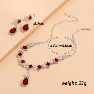 2 PCS Women Waterdrop Burgundy Crystal Pendant Earring Set Silver Color Rhinestone Square Tear Drop Charm Women Necklace Earring