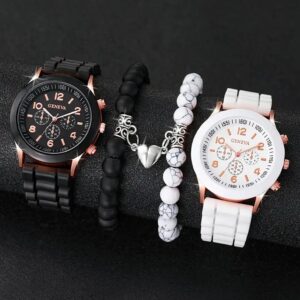 4pcs Fashionable, Minimalist, and Versatile Men AND WOMEN’S Couple Watch Pairing with Love Bead Bracelet Set