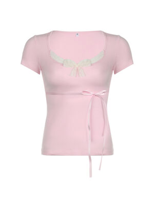 Japanese Kawaii Contrast Lace Tie Bow Square Collar Slim Short Sleeve Black T Shirt Women Pink Sweet Balletcore Cute Tees