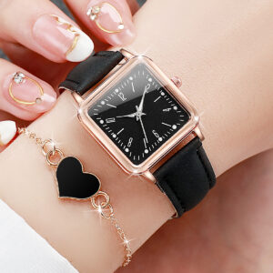 2PCS/Set Fashion Square Women’s Watch Leather Band Quartz Watches Heart Bracelet Set