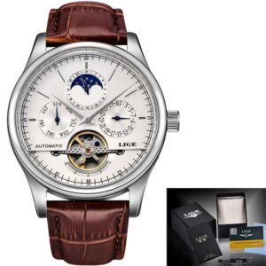 LIGE Men Watches Automatic Mechanical Watch Tourbillon Clock Genuine Leather Waterproof Watch Men Military Wristwatch Man