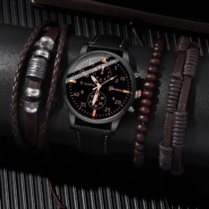 4pcs Fashion Business Casual Men’s Belt Quartz Watch with PU Woven Bracelet Set