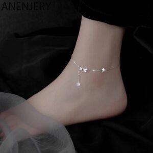 ANENJERY Silver Color Butterfly Anklet for Women Delicate Zircon Tassel Bracelet Summer Jewelry