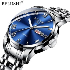 BELUSHI Luxury Men Watches Business Top Brand Man Wristwatch Waterproof Luminous Date Week Quartz Men’s Watch Stainless Steel