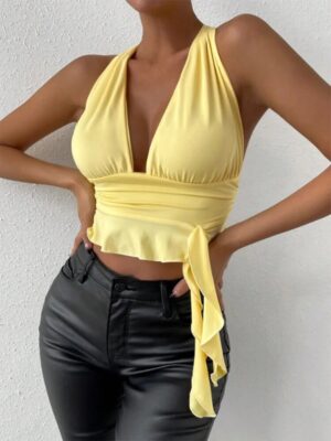 Women’s Sexy Tight Fitting Deep V-neck Pleated Top Tight Fitting 2024 Spring Beach Resort Nightclub New Model Women’s Sexy Tigh