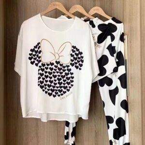 Women Three-piece Set Senior sense Pajamas Print Sleepwear Set Young Girls Round Neck Short Sleeved Top Loungewear Homewear