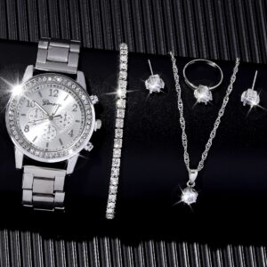 6 Pieces of Fashionable and Versatile Diamond Inlaid Rhinestone WOMEN’S Quartz Steel Band Watch+necklace+earrings+ring+bracelet