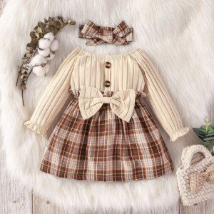 PatPat 2pcs Baby Girl 95% Cotton Rib Knit Bow Front Long-sleeve Spliced Plaid Dress with Headband Set Soft and Comfortable