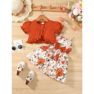 2PCS Children Girls Clothes Set Sling Floral Dress Solid Short Sleeves Overcoat Costume Summer Dress for Kids Girl 1-6 Years