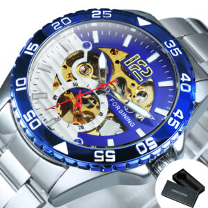 Forsining Steampunk Skeleton Mens Watch Blue Rotatable Bezel Luxury Automatic Mechanical Watches Stainless Steel Band Wristwatch