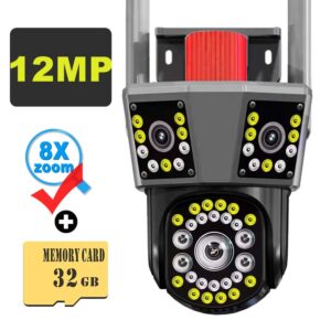 12MP 6K HD WiFi IP Camera Outdoor 8X Zoom Three Lens Three Screen PTZ Video Cam Home Security Protection Surveillance CCTV