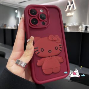 Cute 3D Doll Hello Kitty Fashion Flip Bracket Makeup Mirror Case Compatible for IPhone 16 11 13 14 12 15 Pro Max 7Plus 6 15 6S 8 7 Plus XR X XS Max SE 2020 Cartoon Cat Angel Eye Cover
