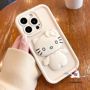 Cute 3D Doll Hello Kitty Fashion Flip Bracket Makeup Mirror Case Compatible for IPhone 16 11 13 14 12 15 Pro Max 7Plus 6 15 6S 8 7 Plus XR X XS Max SE 2020 Cartoon Cat Angel Eye Cover