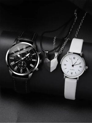4pcs Fashion, Personalized and Creative Men and Women’s Couple Belt Quartz Watch Paired with Love Pendant Necklace Combination S