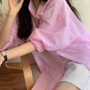 Women’s Shirt Turndown Collar Summer Plaid Loose Casual Lazy Style Single Breasted Sunscreen Long Sleeves Shirt