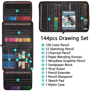 144 Pieces Colored Pencils Tool Set Drawing Pencils and Sketching Kit Art Tool Kit Professional Art Supplies Set Kid Gift