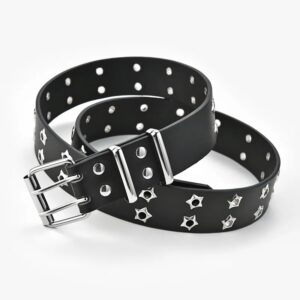 Belt Star Rivet Double Needle Buckle PU Leather Belt Men’s and Women’s Jeans Fashion Belt Y2K Style 110*3.3cm Black White Belt