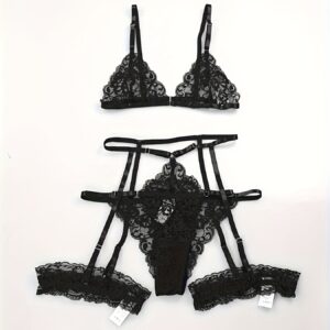 Hot Floral Lace Lingerie Set, Scallop Trim Plunge Bra & Garter Belt & Cut Out Panties, Women’s Sexy Lingerie & Underwear
