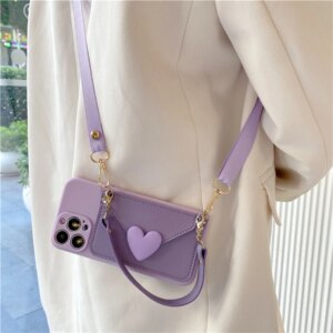 Korean Crossbody Lanyard Necklace Strap Card Holder Purple Case for iPhone 15 11 12 13 14 Pro Max 15 Plus Max Coin Purse Cover