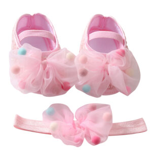 Baby Girl Bowknot Princess Shoes Toddler Soft Sole Walking Shoes Headband Set Newborn Baby Soft Anti-slip Infant Hair Accessorie