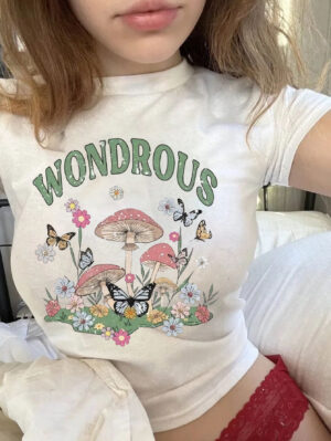 Right Shoulder Slim Butterfly Letter Print Summer Women’s Casual Round Neck T-Shirt