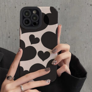 Fashion Black Love Heart Leather Silicone Case For iPhone 15 11 12 14 Pro Max 13 Mini SE 7 8 Plus X XS XR Shockproof Full Cover