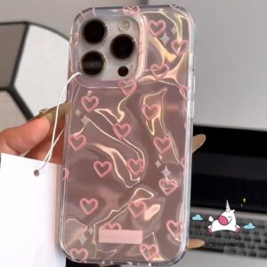 Cartoon Couple Luxury Laser Waves Water Card Case Compatible for IPhone 16 7Plus XR 14 15 13 11 12 Pro Max 14 7 15 8 Plus X Xs Max SE 2020 Trendy Cute Dreamy Pink Love Heart Soft Case