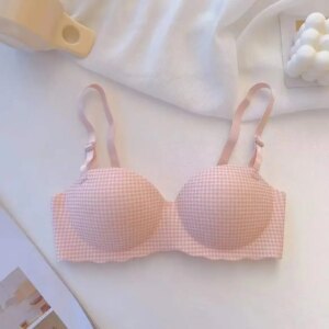 One-piece Seamless Bra for Girls Women’s Small Boobs Smooth Plaid Push-up Without Underwire Half Cup Bra Cover