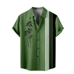 2024 Summer New Men’s Coconut Tree Printed Hawaiian Short sleeved Shirt Casual Large Cardigan Flip Collar Beach Shirt Cardigan