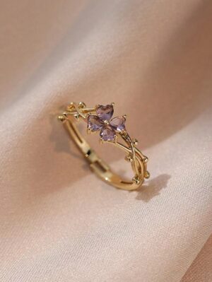 1pc Stainless Steel Purple Four-leaf Clover & Cubic Zirconia Open Ring, Sweet Style Suitable For Women’s Daily Wear