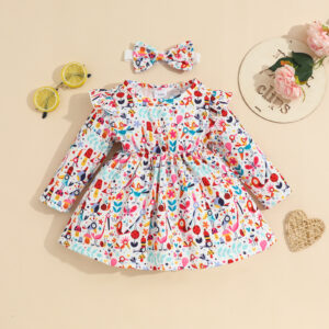 Two-piece baby dress Spring and autumn baby cartoon animal print long-sleeved dress headscarf two-piece