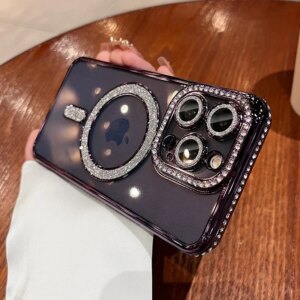 Fashion Glitter Diamond Clear Phone Case For iPhone 15 14 13 12 11 Pro Max 15 Plus Magnetic For Magsafe Wireless Charge Cover