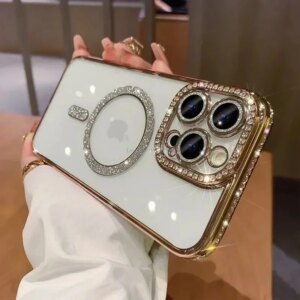 Fashion Glitter Diamond Clear Phone Case For iPhone 15 14 13 12 11 Pro Max 15 Plus Magnetic For Magsafe Wireless Charge Cover